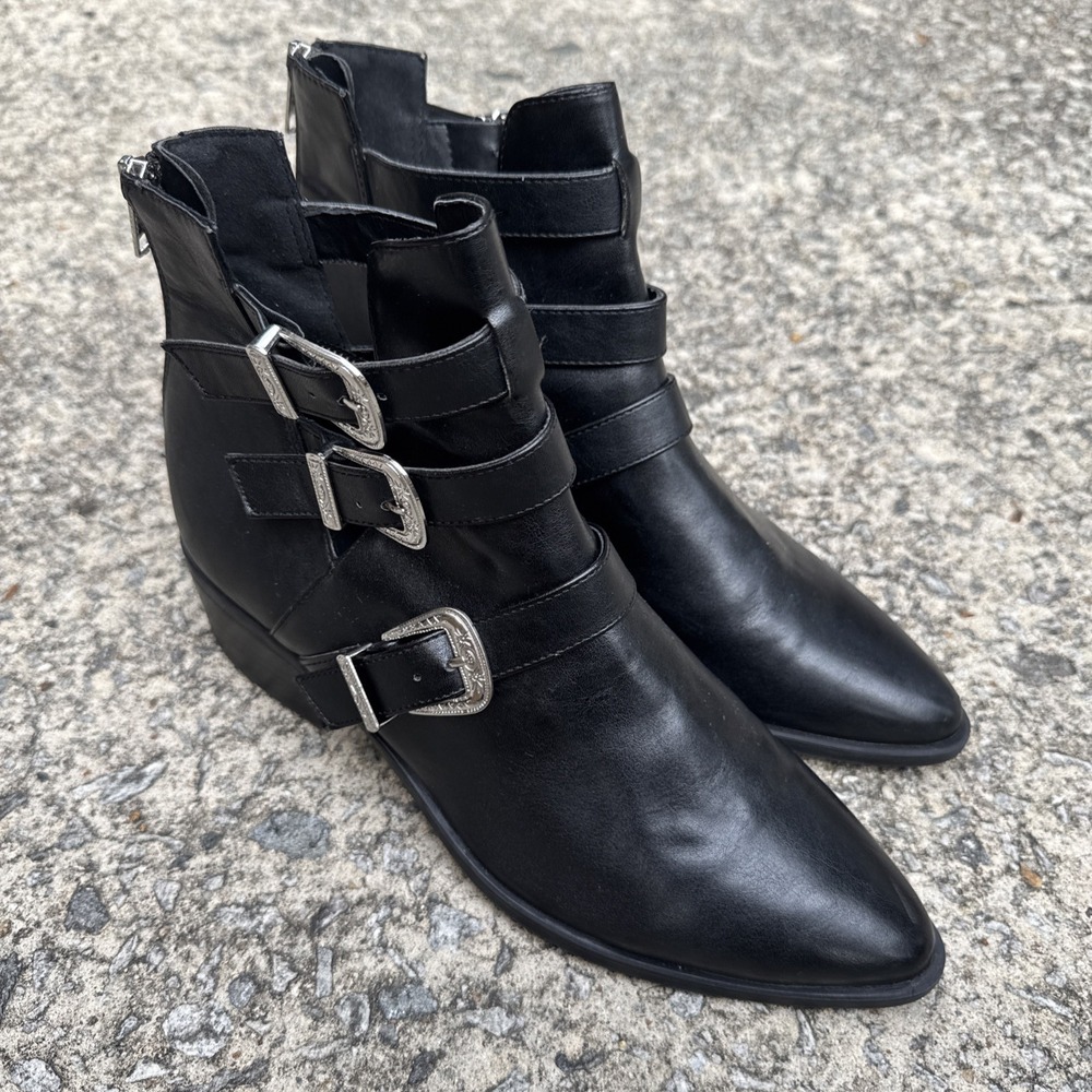 Madden Girl Cecilyy Boot Women 10 Black Vegan Leather Western Goth Buckles Ankle
